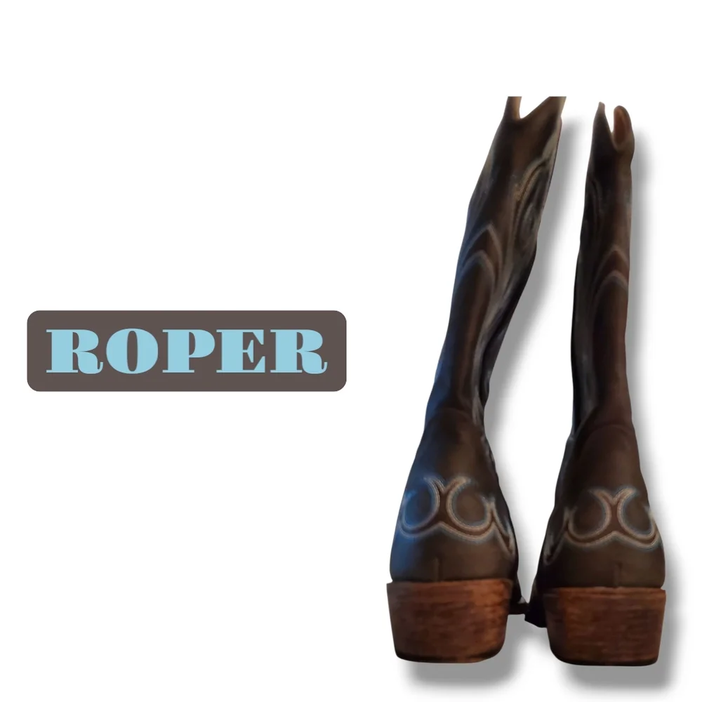 Roper Brown Cowgirl Western Boots with Blue Accents New Women's Size 8.5 - Picture 7 of 10